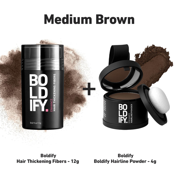 Boldify Hairline Powder 4g and Boldify Hair Thickening Fibers 12g, Medium Brown - Bundle - Main Image