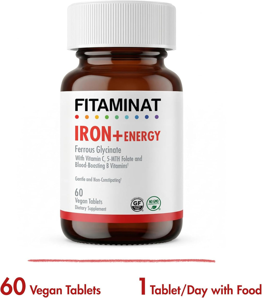FITAMINAT Iron + Energy Supplement – Ferrous Glycinate with Vitamin C, 5-MTHF Folate & B Vitamins | 60 Vegan Tablets