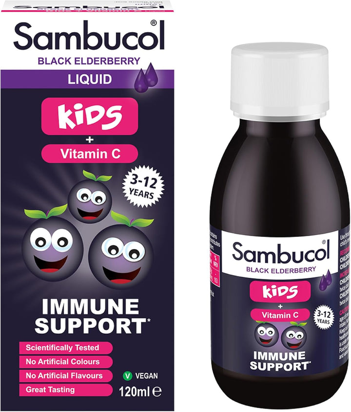 Sambucol Black Elderberry Kids Liquid with packaging on a white background