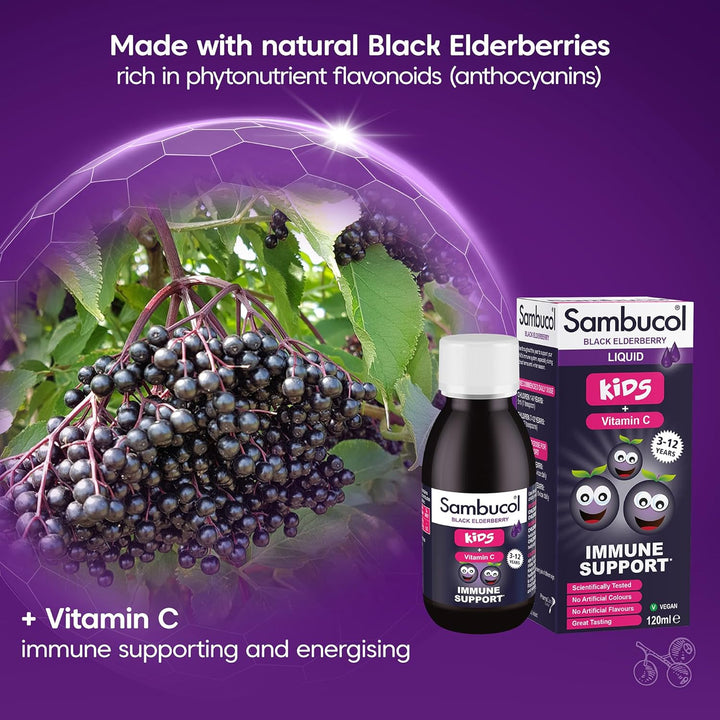 Sambucol kids immune support product with black elderberries on a purple background