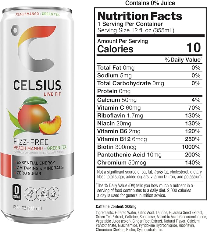 CELSIUS Celsius Fizz Free Peach Mango Green Tea - 355 ML Nutrition Facts | Fitaminat