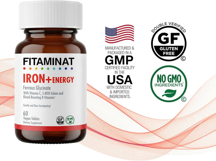 FITAMINAT Iron + Energy Supplement – Ferrous Glycinate with Vitamin C, 5-MTHF Folate & B Vitamins | 60 Vegan Tablets