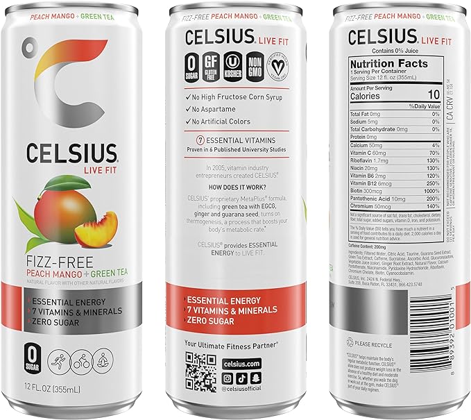 CELSIUS Celsius Fizz Free Peach Mango Green Tea - 355 ML Pack of Three | Fitaminat