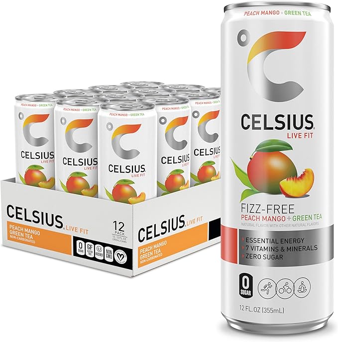 CELSIUS Celsius Fizz Free Peach Mango Green Tea - 355 ML Pack of Twelve (12) | Fitaminat