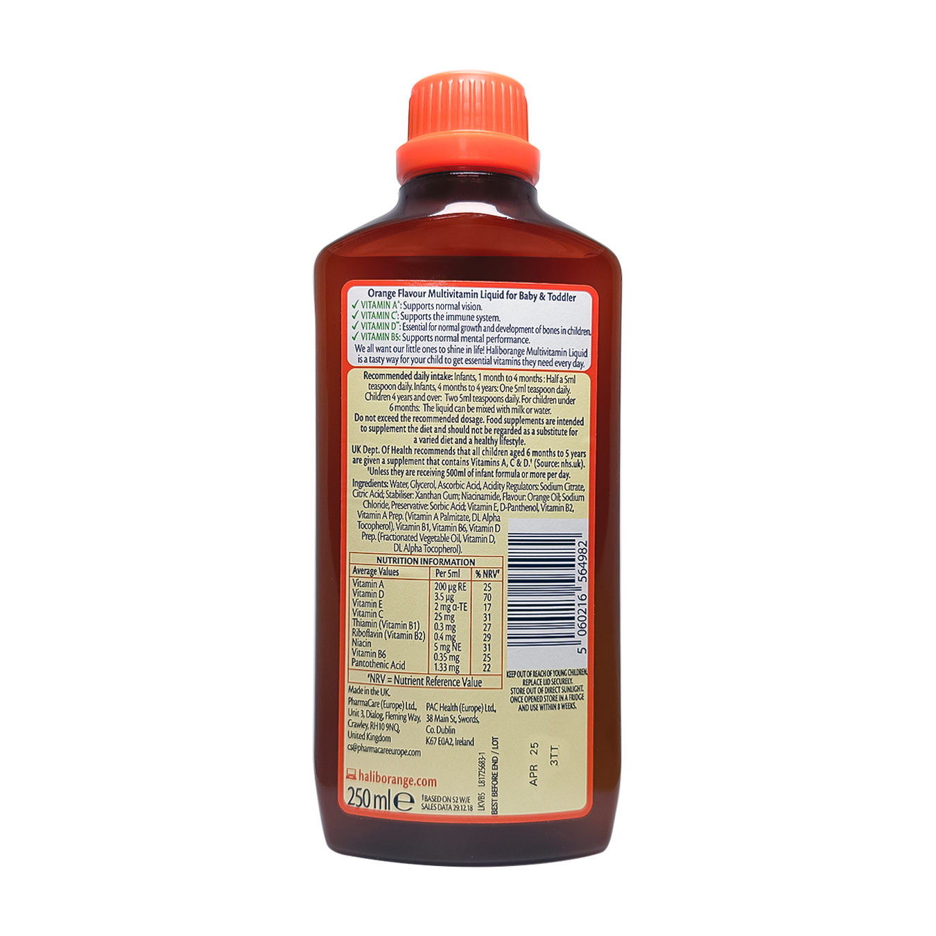 Haliborange Baby & Toddler Multivitamin Liquid Contains Vitamin D, Vitamin C, Omega-3, and Iron - 250 ML Back Label | Fitaminat