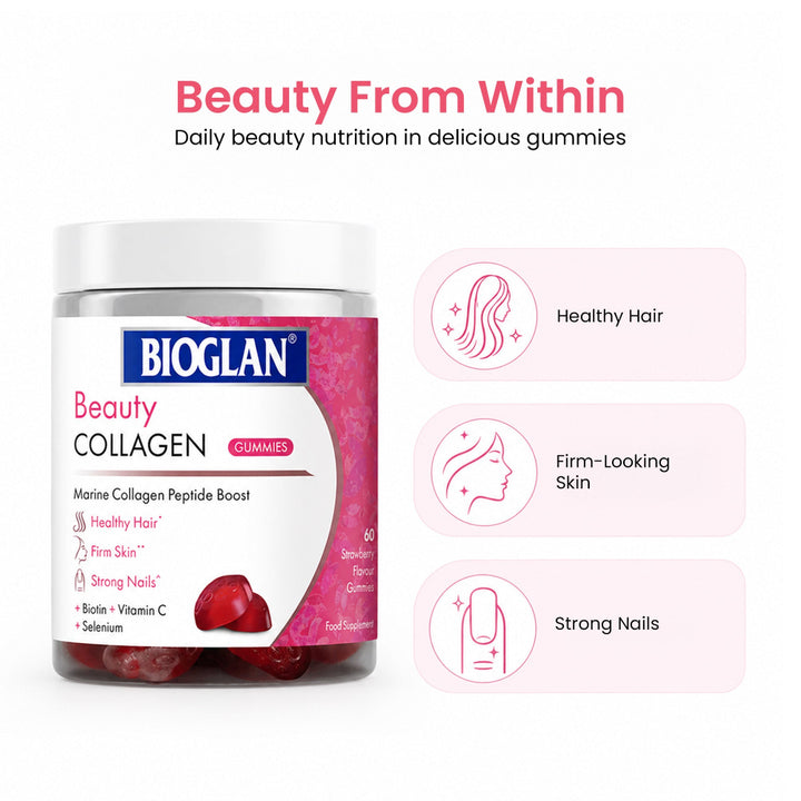 Bioglan Beauty Collagen Gummies – 1000mg Marine Collagen with Biotin & Vitamin C – 60 Strawberry Gummies for Hair, Skin & Nails