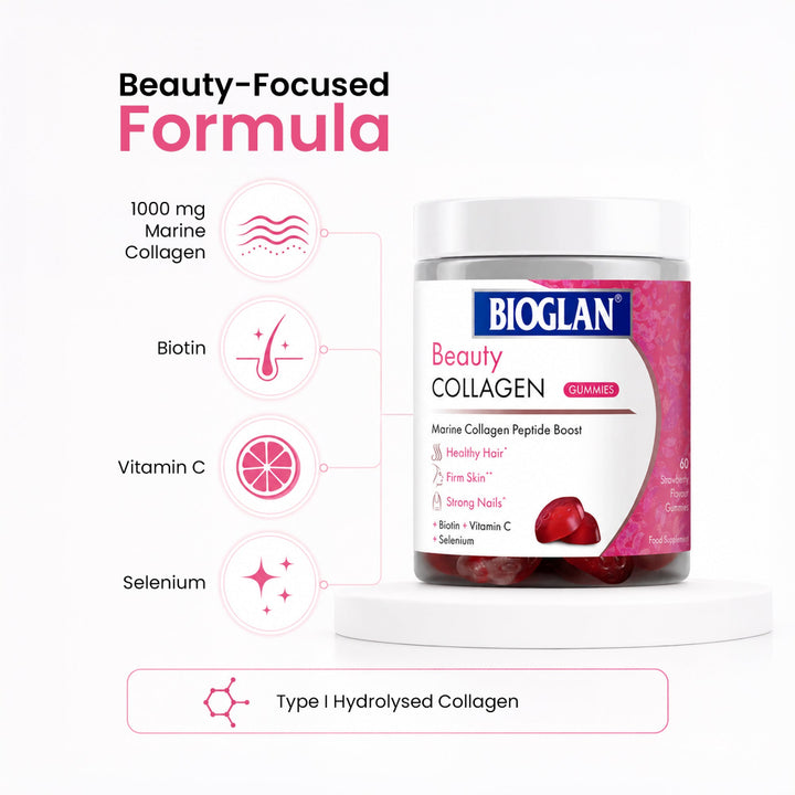 Bioglan Beauty Collagen Gummies – 1000mg Marine Collagen with Biotin & Vitamin C – 60 Strawberry Gummies for Hair, Skin & Nails