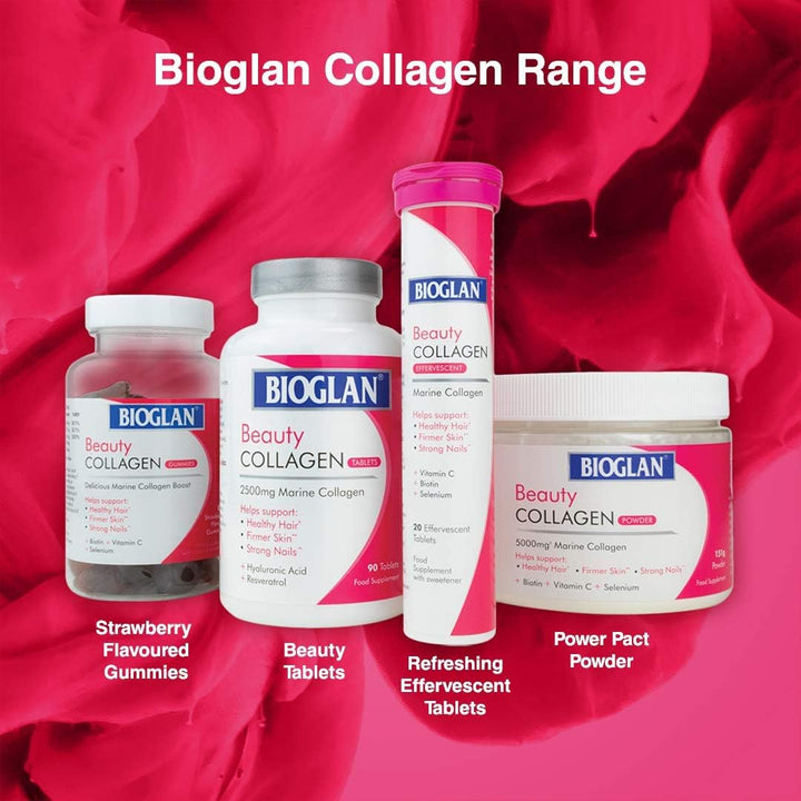 Bioglan Beauty Collagen Gummies are specially formulated with readily absorbed hydrolysed Marine Collagen plus carefully selected vitamins and minerals to help support the maintenance of healthy looking hair, skin & nails. Best part is they are so easy to take – no water and no swallowing difficult tablets PLUS they are a delicious strawberry flavour which you’ll look forward to taking daily!