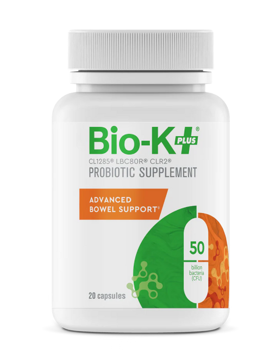 Bio-K Plus probiotic supplement bottle on a white background