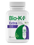 Bio-K Plus Extra probiotic supplement bottle on a white background