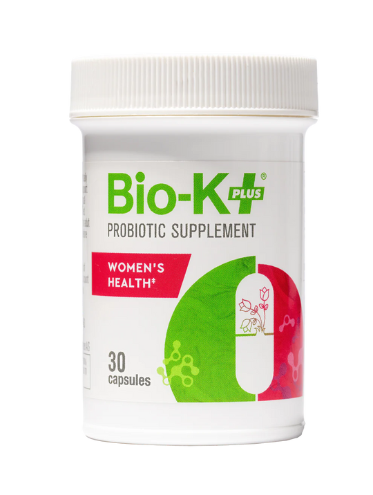 Bio-K Plus probiotic supplement container for women's health on a white background
