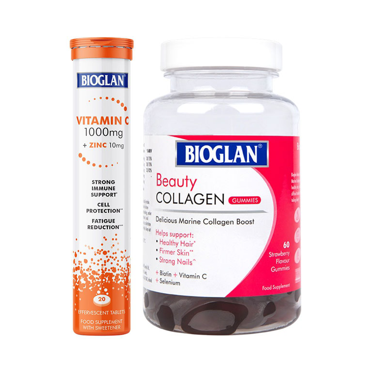 Bioglan Vitamin C 1000 mg + Zinc 10 mg, 20 Effervescent Tablets and Bioglan Beauty Collagen, 60 Gummies - Bundle