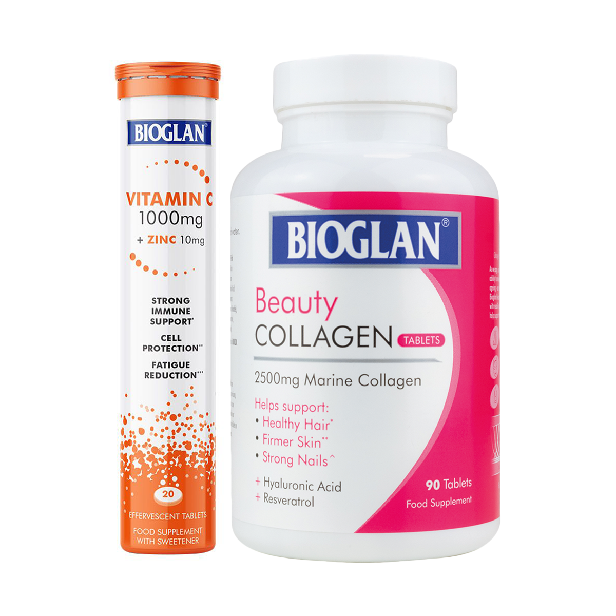 Bioglan Vitamin C 1000 mg + Zinc 10 mg, 20 Effervescent Tablets and Bioglan Beauty Collagen, 90 Tablets - Bundle