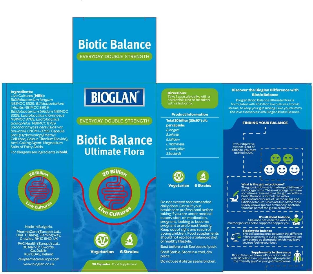 BIOGLAN Biotic Balance Capsules is a well balanced formulation with high quality live bacteria from four different species. With 20 billion live bacteria in each capsule. BIOGLAN Biotic Balance Capsules contains four strains of live bacteria.