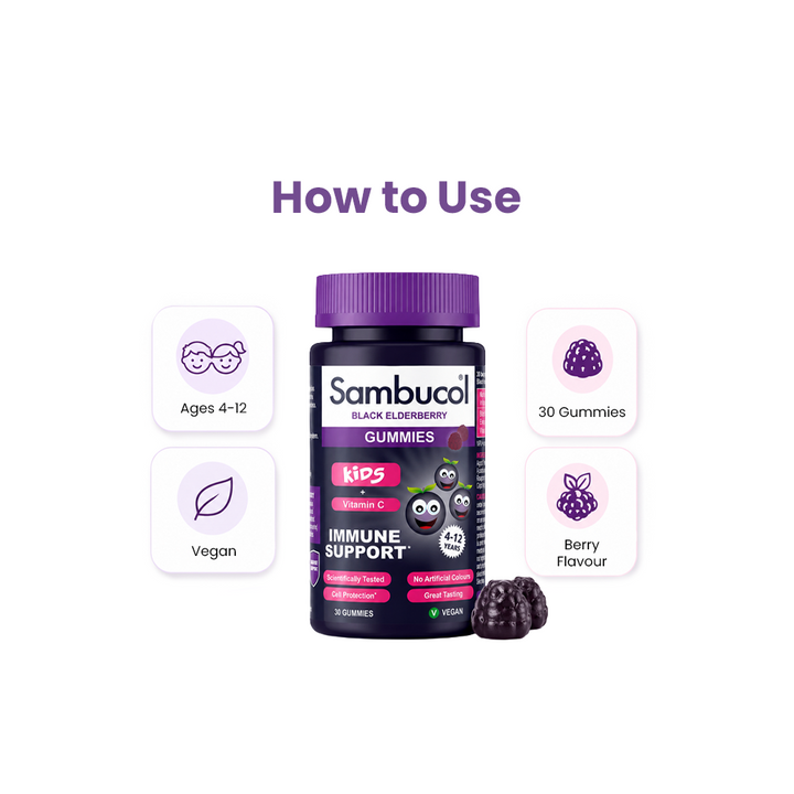 Sambucol Kids Black Elderberry + Vitamin C Gummies – 30 Gummies for Children's Immune Support, Ages 4–12