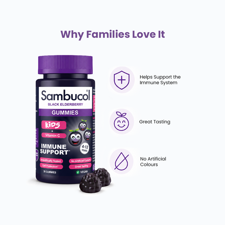 Sambucol Kids Black Elderberry + Vitamin C Gummies – 30 Gummies for Children's Immune Support, Ages 4–12