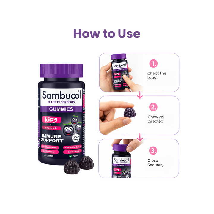 Sambucol Kids Black Elderberry + Vitamin C Gummies – 30 Gummies for Children's Immune Support, Ages 4–12