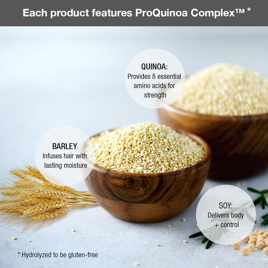 Contains exclusive proquinoa complex with hydrolyzed quinoa, barley & soy proteins to rescue damaged hair ﬁbers