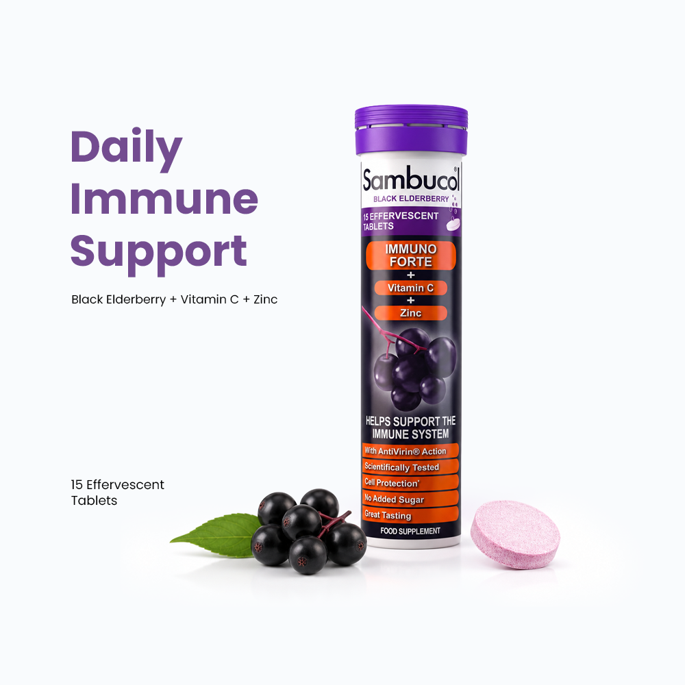 Sambucol Immuno Forte Effervescent – Black Elderberry + Vitamin C & Zinc – 15 Dissolvable Tablets for Immune Support