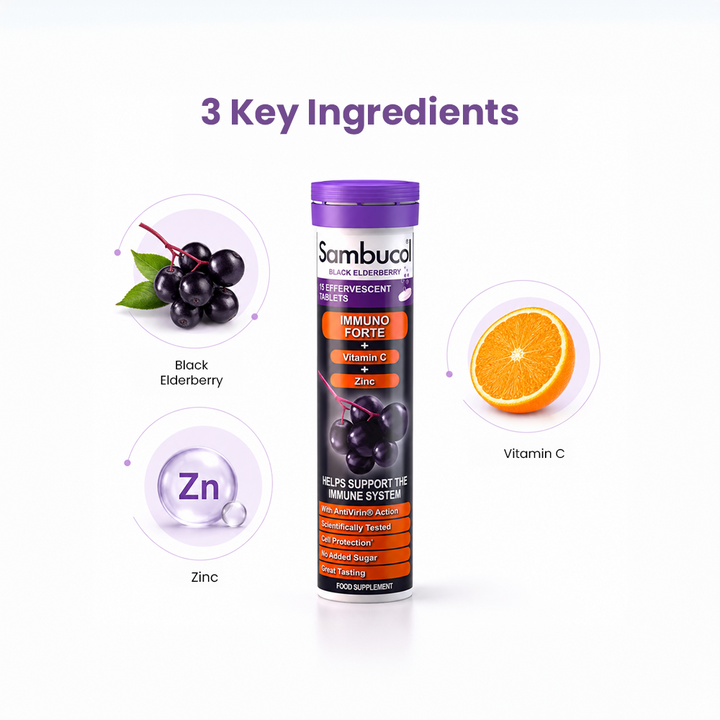 Sambucol Immuno Forte Effervescent – Black Elderberry + Vitamin C & Zinc – 15 Dissolvable Tablets for Immune Support