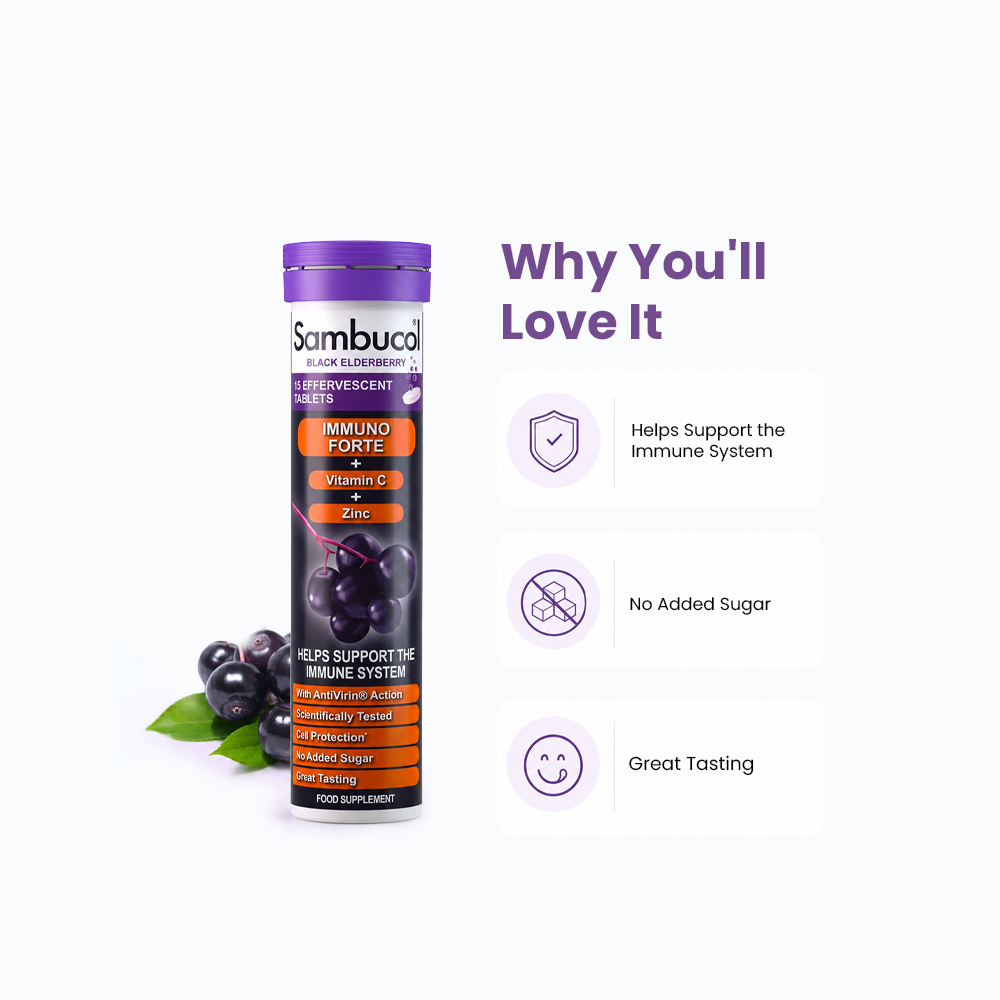 Sambucol Immuno Forte Effervescent – Black Elderberry + Vitamin C & Zinc – 15 Dissolvable Tablets for Immune Support