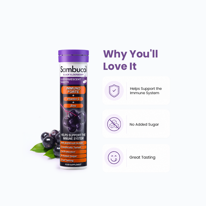 Sambucol Immuno Forte Effervescent – Black Elderberry + Vitamin C & Zinc – 15 Dissolvable Tablets for Immune Support
