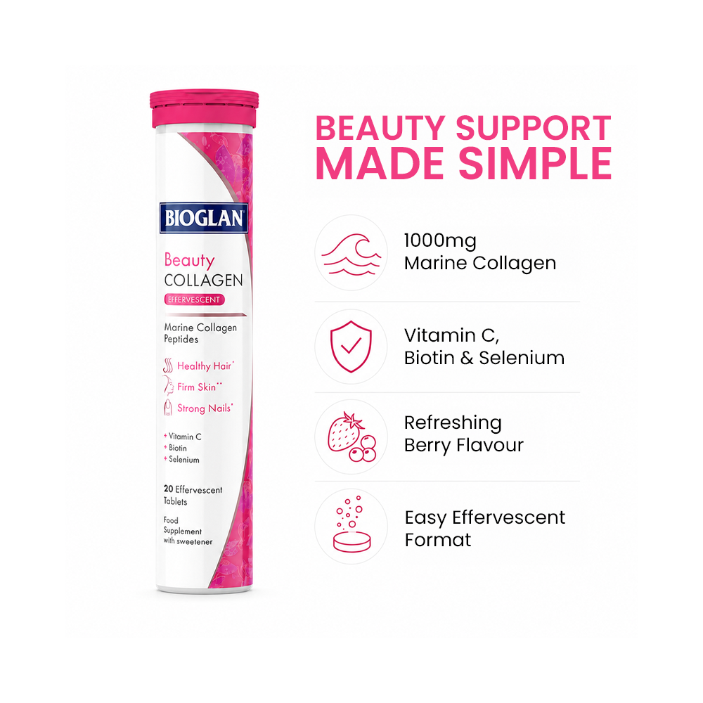 Bioglan Beauty Collagen Effervescent - Marine Collagen with Vitamin C - 20 Tablets