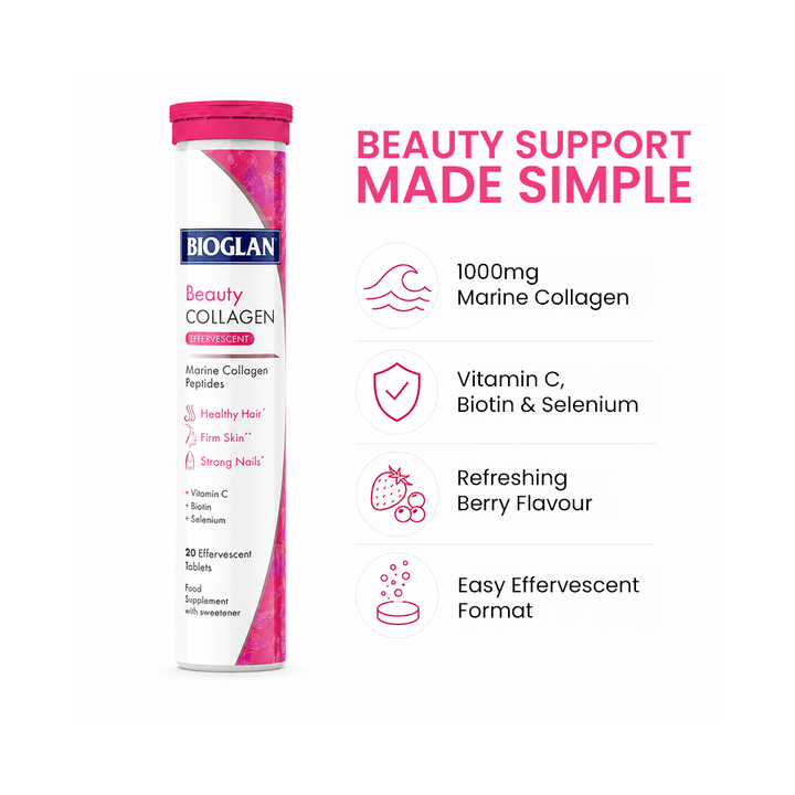 Bioglan Beauty Collagen Effervescent - Marine Collagen with Vitamin C - 20 Tablets