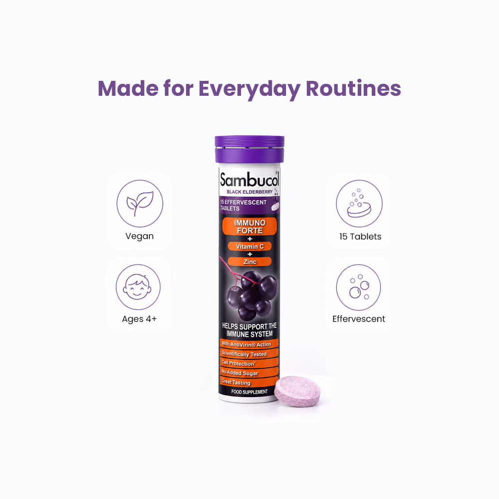 Sambucol Immuno Forte Effervescent – Black Elderberry + Vitamin C & Zinc – 15 Dissolvable Tablets for Immune Support