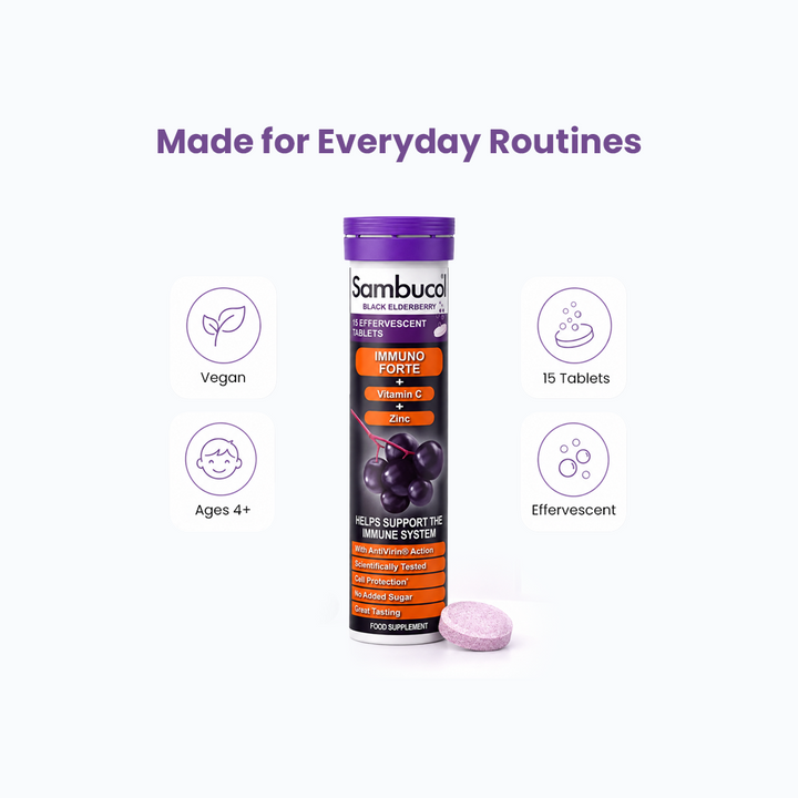 Sambucol Immuno Forte Effervescent – Black Elderberry + Vitamin C & Zinc – 15 Dissolvable Tablets for Immune Support