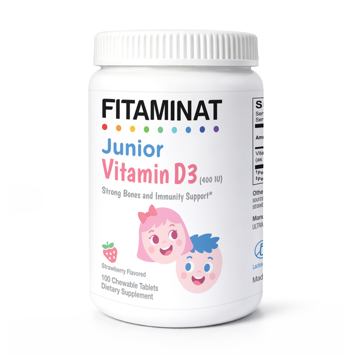 Fitaminat Junior Vitamin D3 400 IU – Strawberry Chewable Tablets for Kids | 100 Tablets | Kids Vitamin D3 Supplement