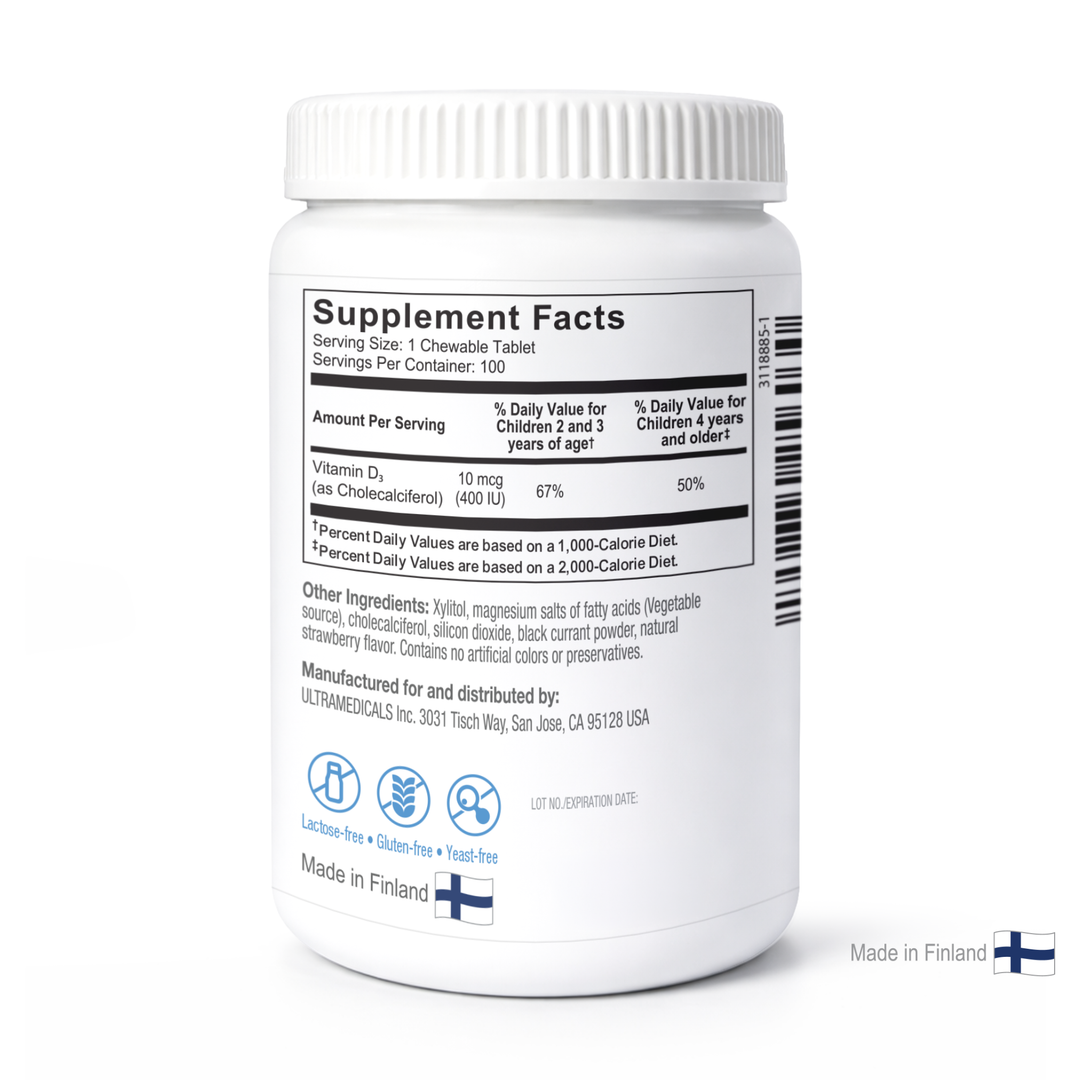 Fitaminat Junior Vitamin D3 400 IU – Strawberry Chewable Tablets for Kids | 100 Tablets | Kids Vitamin D3 Supplement