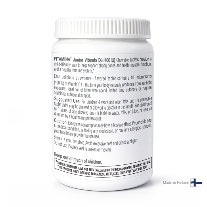 Fitaminat Junior Vitamin D3 400 IU – Strawberry Chewable Tablets for Kids | 100 Tablets | Kids Vitamin D3 Supplement
