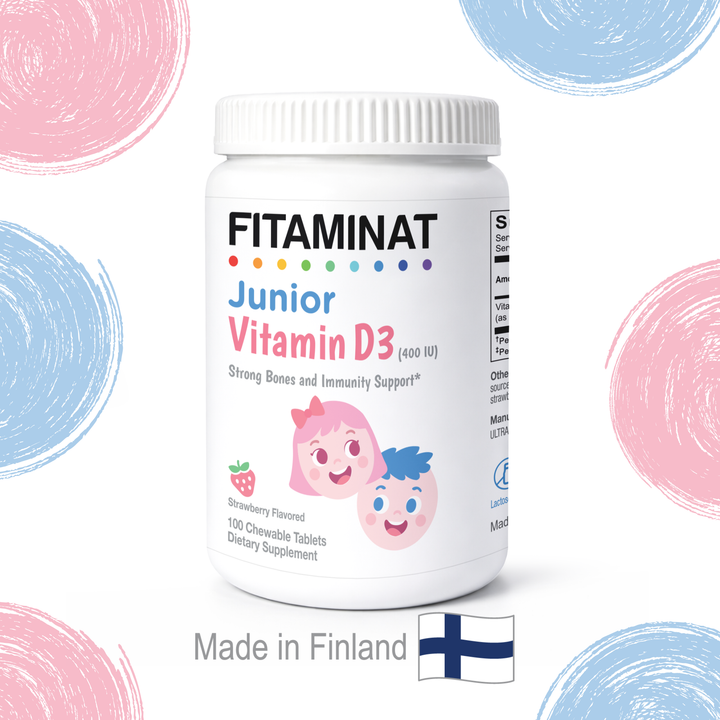 Fitaminat Junior Vitamin D3 400 IU – Strawberry Chewable Tablets for Kids | 100 Tablets | Kids Vitamin D3 Supplement