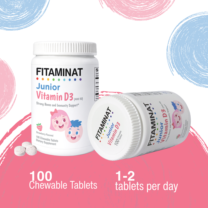Fitaminat Junior Vitamin D3 400 IU – Strawberry Chewable Tablets for Kids | 100 Tablets | Kids Vitamin D3 Supplement