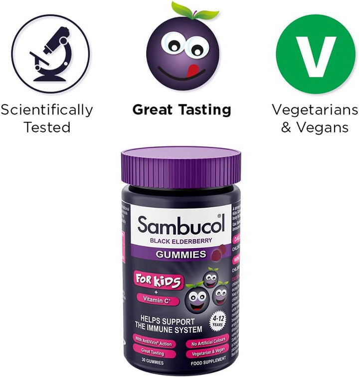 IMMUNE SUPPORT FOR THE AGE OF 4 - 12 YEARS: Sambucol elderberry gummies taste great & are free from gluten, artificial colors & sweeteners. Kids ( 4 - 12 years) can take them as an alternative to syrup year round, whether at home or on the go.