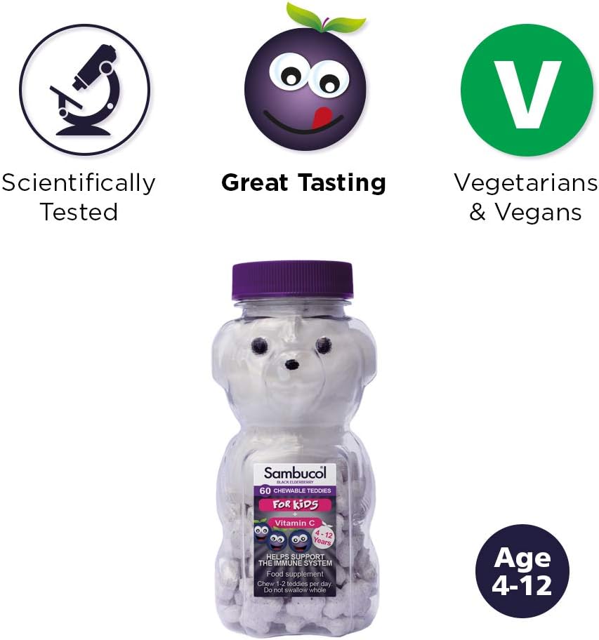 DELICIOUS, NATURAL & NON-DROWSEY - Sambucol is a range of great tasting food supplements founded on the unique qualities of Black Elderberries. Sambucol Kids chewable Teddies are suitable for Vegetarians and Vegans.