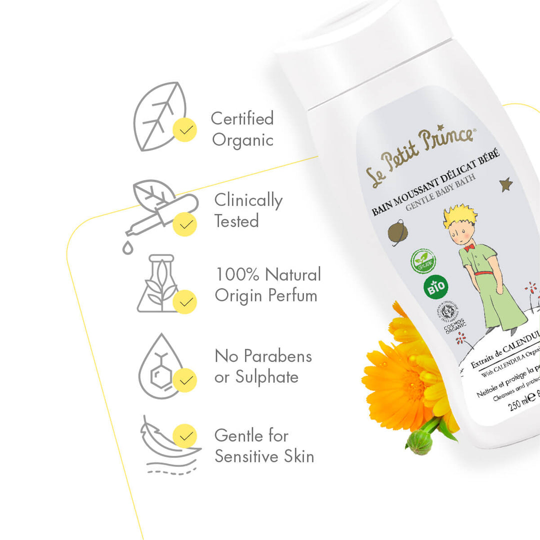 Le Petit Prince Gentle Baby Bath Shower Gel, Organic Calendula Aloe Vera Glycerin Extract - 250 ML Certified Organic Clinically Tested 100% Natural Origin Perfume No Parabens or Sulphate Gentle for Sensitive Skin | Fitaminat