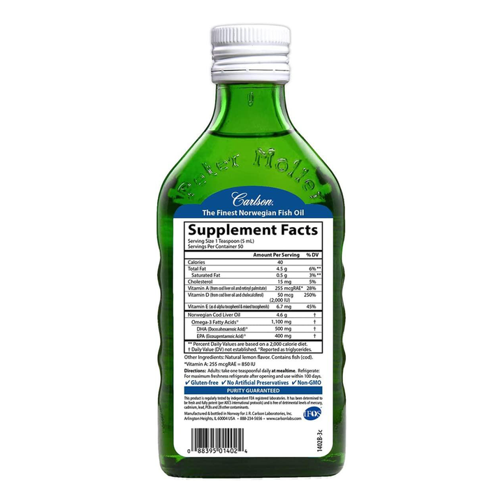 Carlson Super D Omega-3, 2000 IU (50 mcg) Vitamin D3 + 1100 mg Omega-3s, Natural Lemon Flavour Wild Norwegian - 250 ml - Supplement Facts