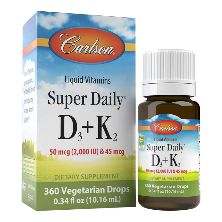 Carlson Super Daily D3 50 mcg (2000 IU) + K2 45 mcg, Liquid Vitamins - 360 Vegetarian Drops - Bottle with Box Image