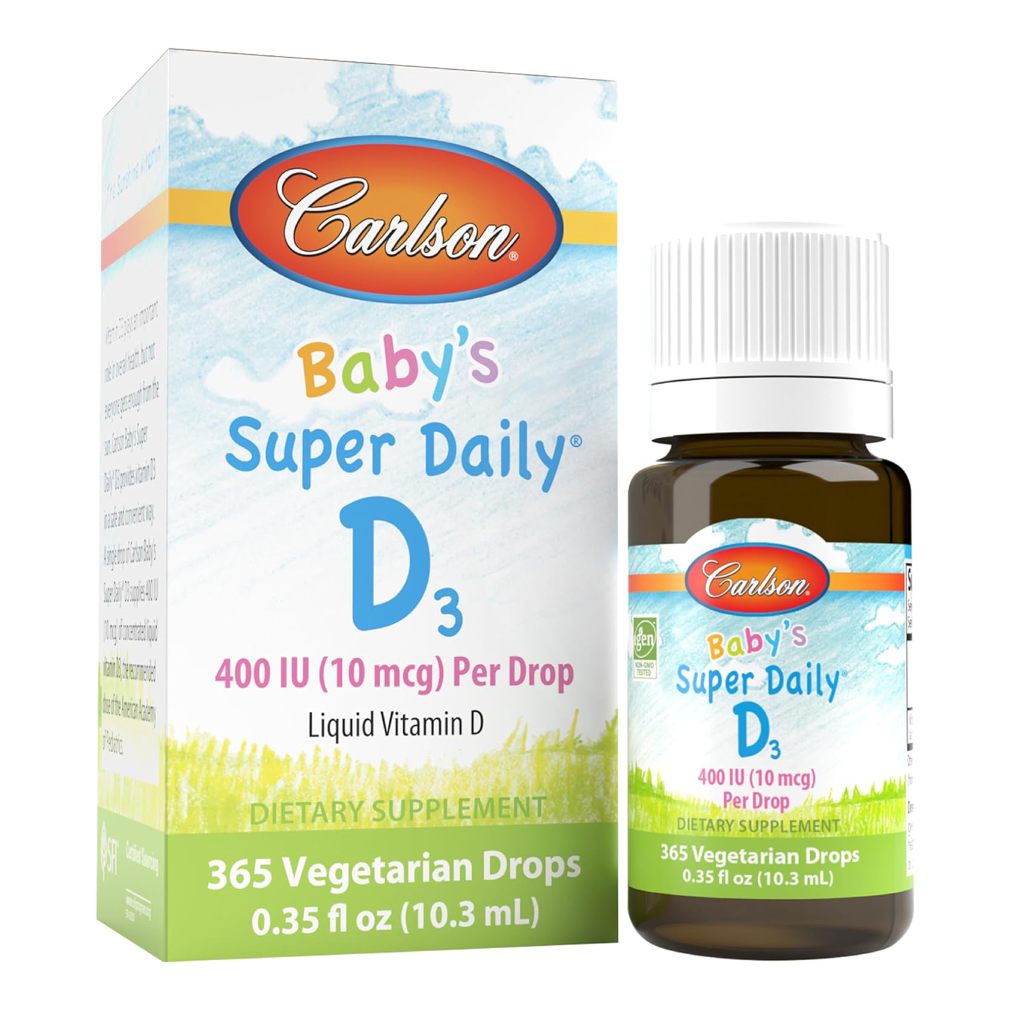 Carlson Baby's Super Daily D3, 400 IU (10 mcg) Per Drop, Liquid Vitamin D - 90 Vegetarian Drops - Dietary Supplement