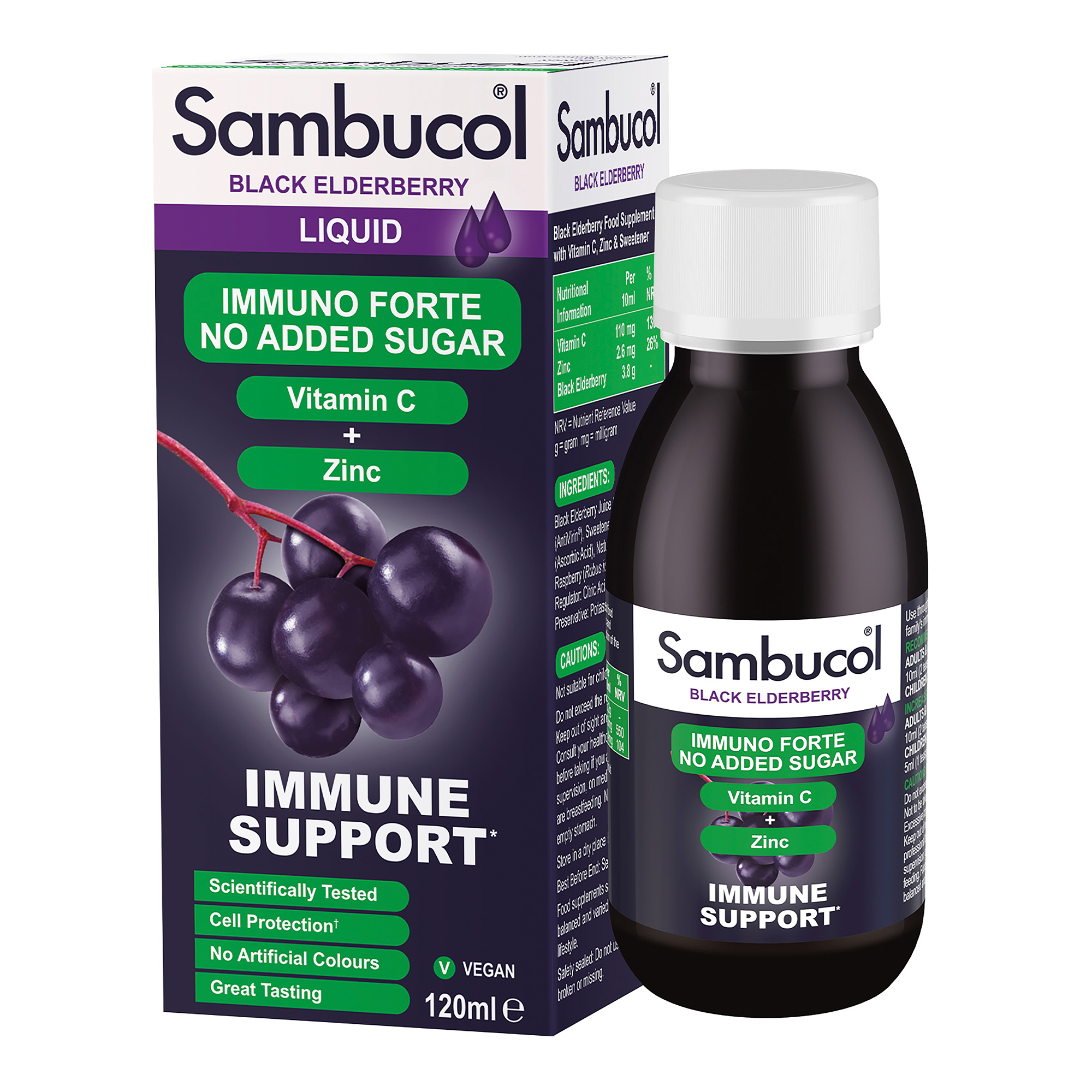 Sambucol Immuno Forte No Added Sugar (Sugar Free) Vitamin C + Zinc Liquid, Black Elderberry - 120 ml - Product bottle with box