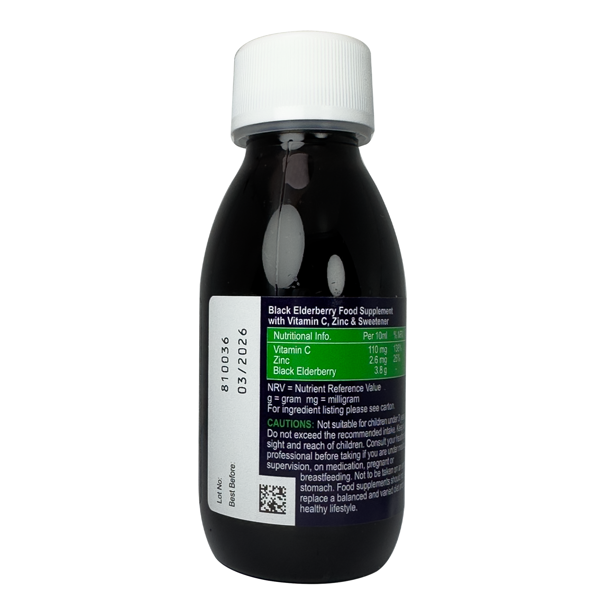 Sambucol Immuno Forte No Added Sugar (Sugar Free) Vitamin C + Zinc Liquid, Black Elderberry - 120 ml - Nutritional Information