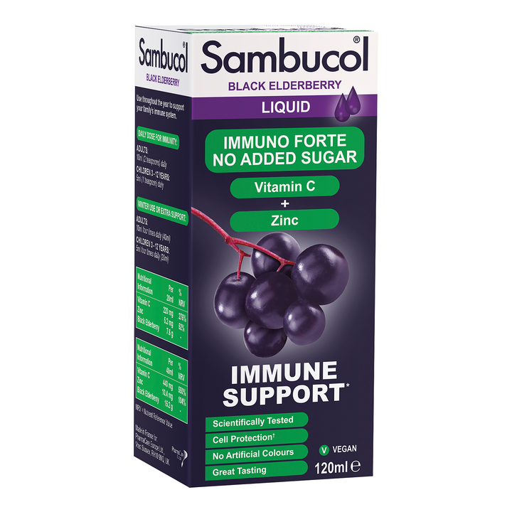 Sambucol Immuno Forte No Added Sugar (Sugar Free) Vitamin C + Zinc Liquid, Black Elderberry - 120 ml - Product Box Image