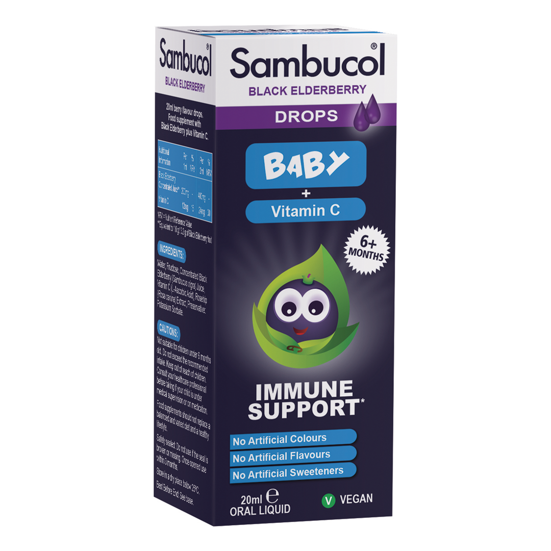 Sambucol Baby + Vitamin C Drops, Black Elderberry, Oral Liquid - 20 ml - Product Box Side View