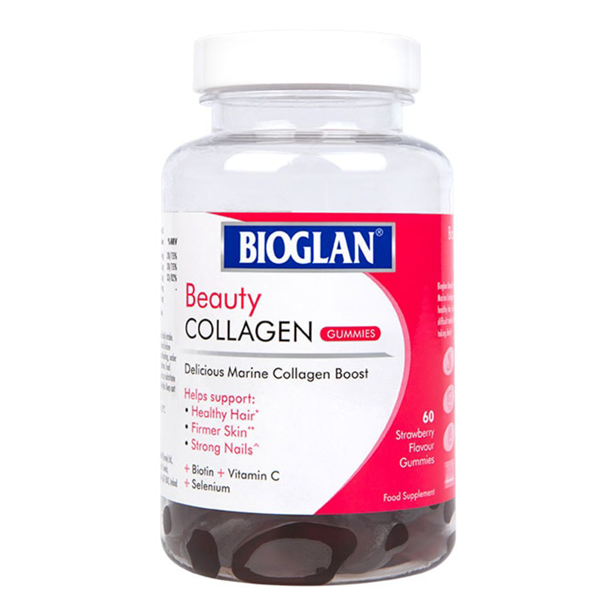 Bioglan Beauty Collagen, Marine Collagen, Biotin, Vitamin C and Selenium, Strawberry Flavour - 60 Gummies - Main Image