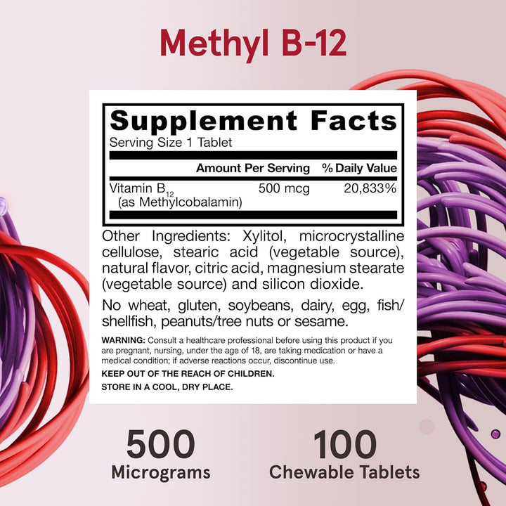 Methyl B12 Supplement: One 100 count package of Jarrow Formulas Methyl B-12 Cherry-Flavored Chewable Tablets for a 100-day supply