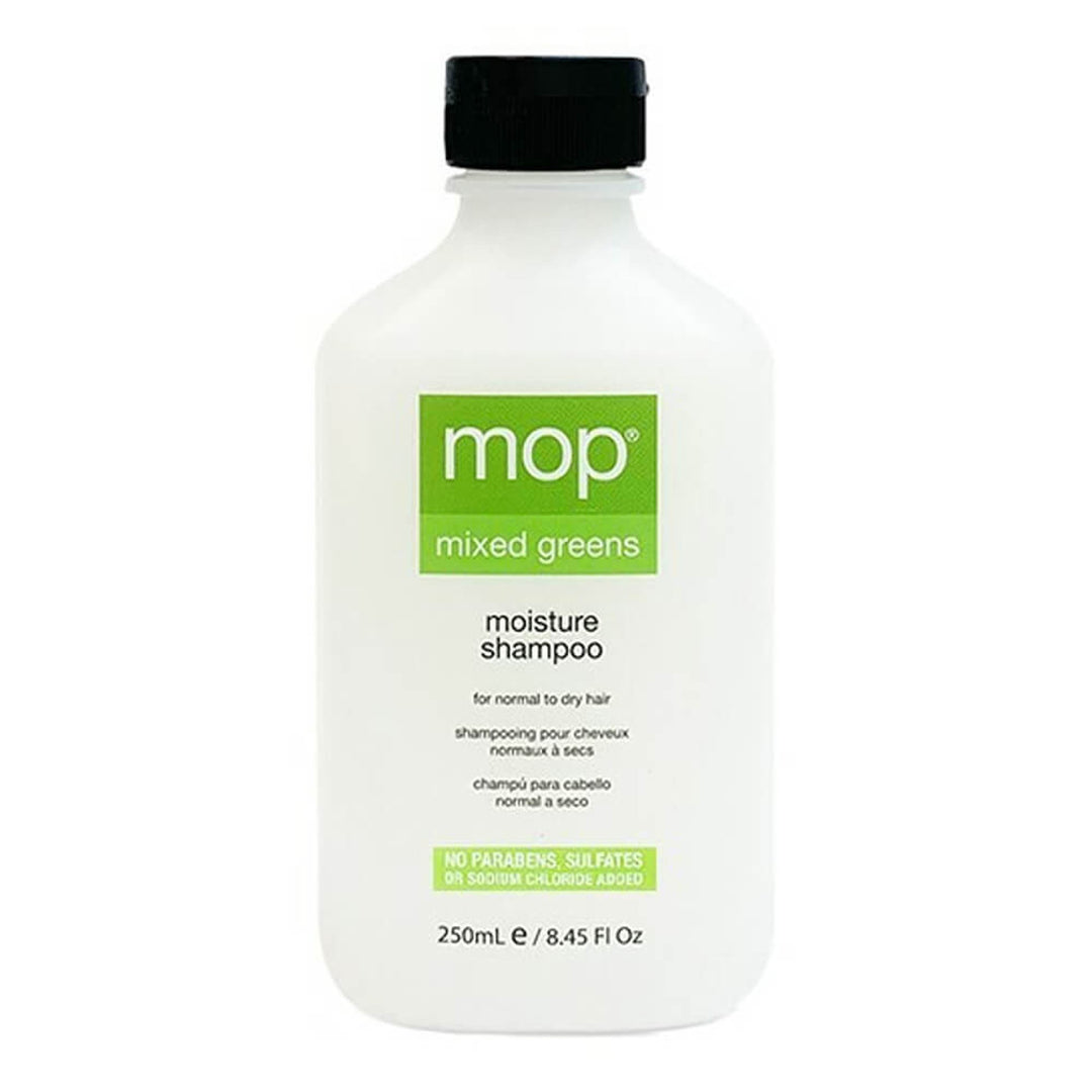 MOP Mixed Greens moisture Shampoo great for normal to dry hair. The daily routine of lather and rinse never worked so well. Dry, processed and abused hair is bathed in luxurious moisture. MOP Mixed Greens Shampoo contains extracts of cucumber, Olive oil, peppermint, rosemary and apple cider vinegar to make dry hair want to Gobble it up. Features + benefits: vegetable derived cleansing agents, nutritious Greens and olive oil nourish and gently cleanse. Soothes and softens the hair.