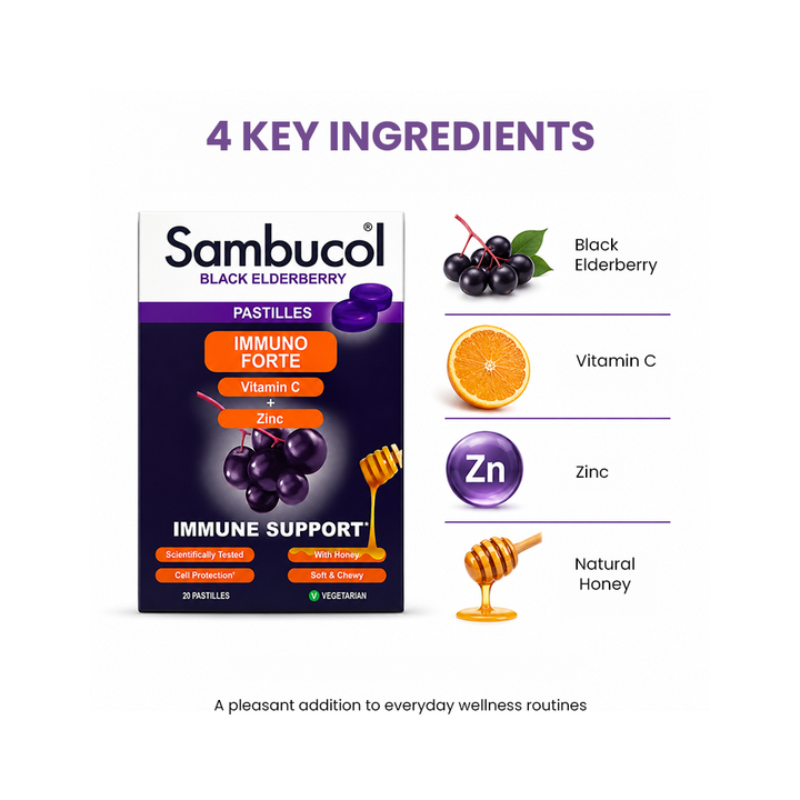 Sambucol Black Elderberry Vitamin C + Zinc Pastilles with Honey - 20 Pastilles
