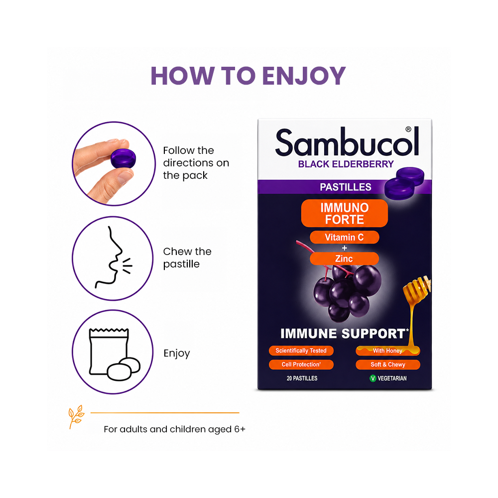 Sambucol Black Elderberry Vitamin C + Zinc Pastilles with Honey - 20 Pastilles